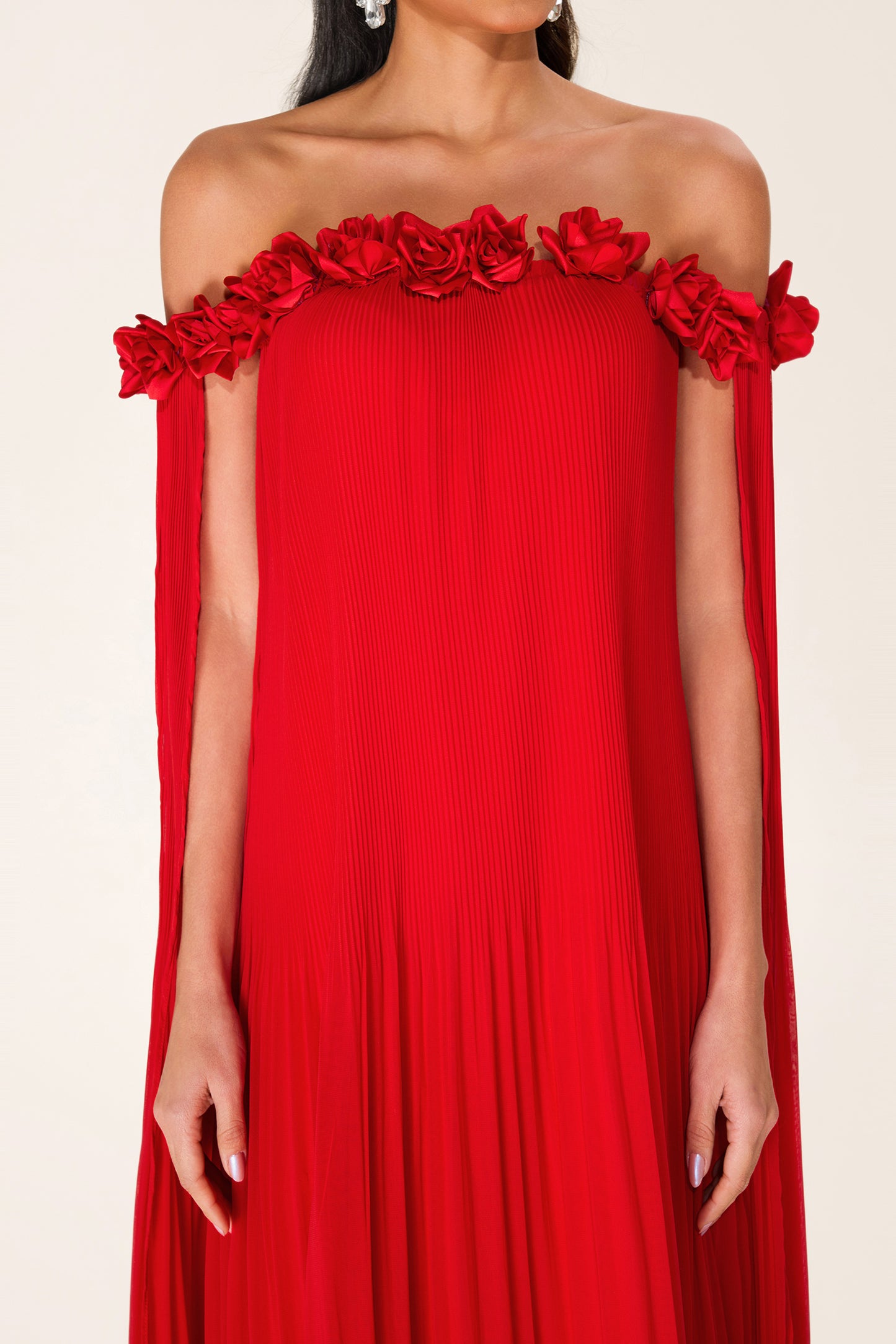 Solid 3D Floral Off-Shoulder Midi Dress