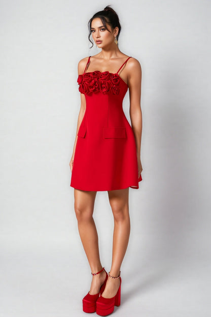 Thisbe 3D Flower Solid Square Neck Mini Dress