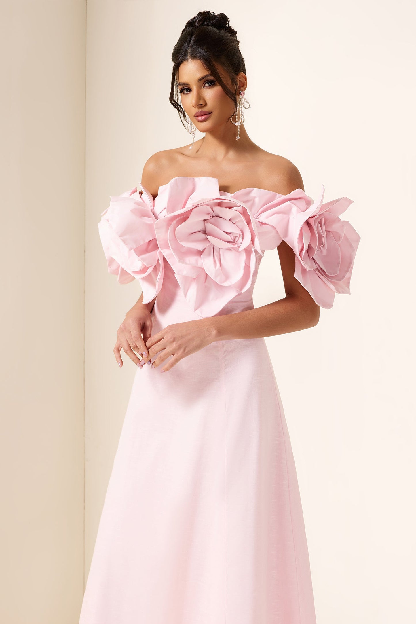 3D Flower Solid Off-Shoulder Midi Dress