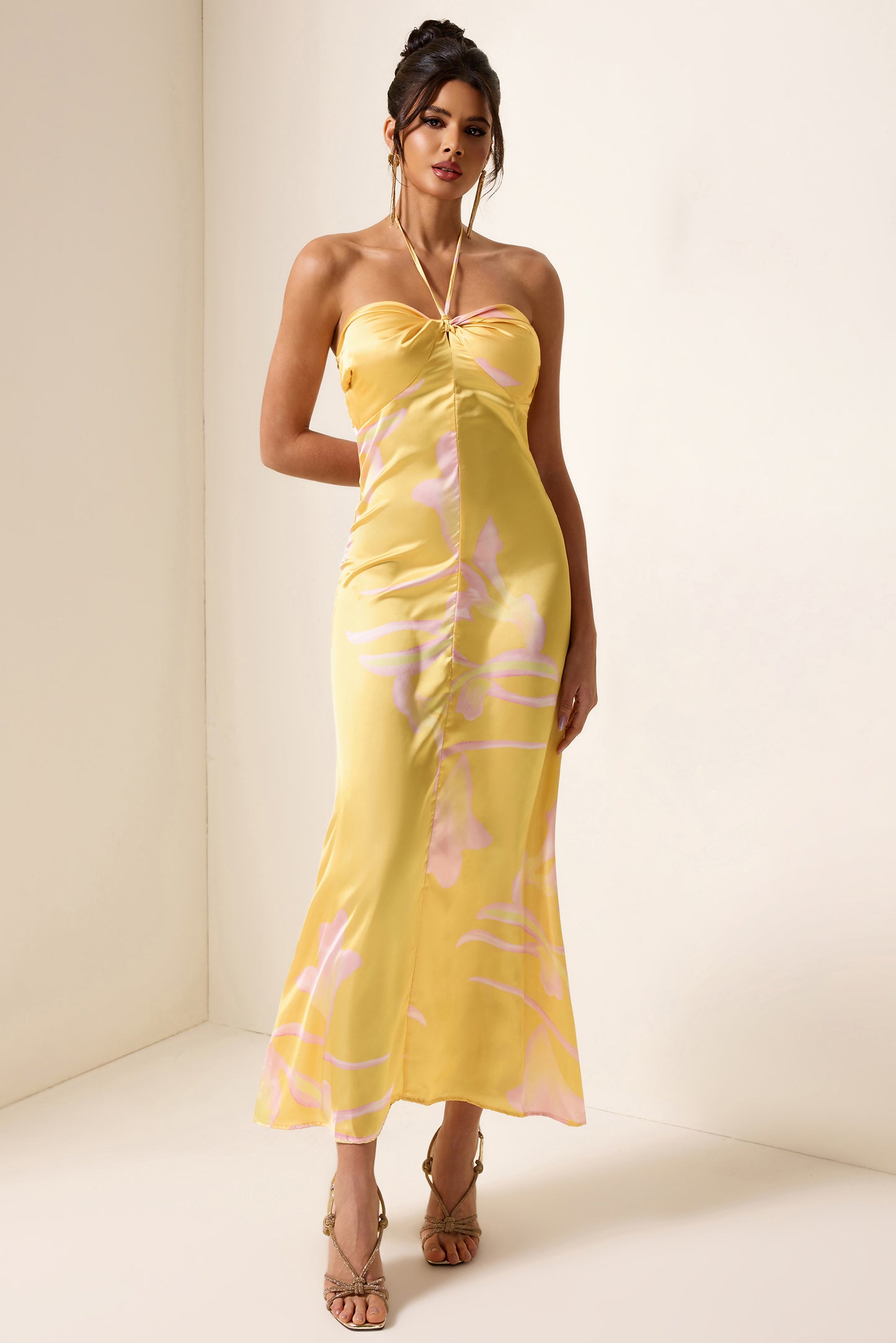 Satin Floral Halter Neck Midi Dress