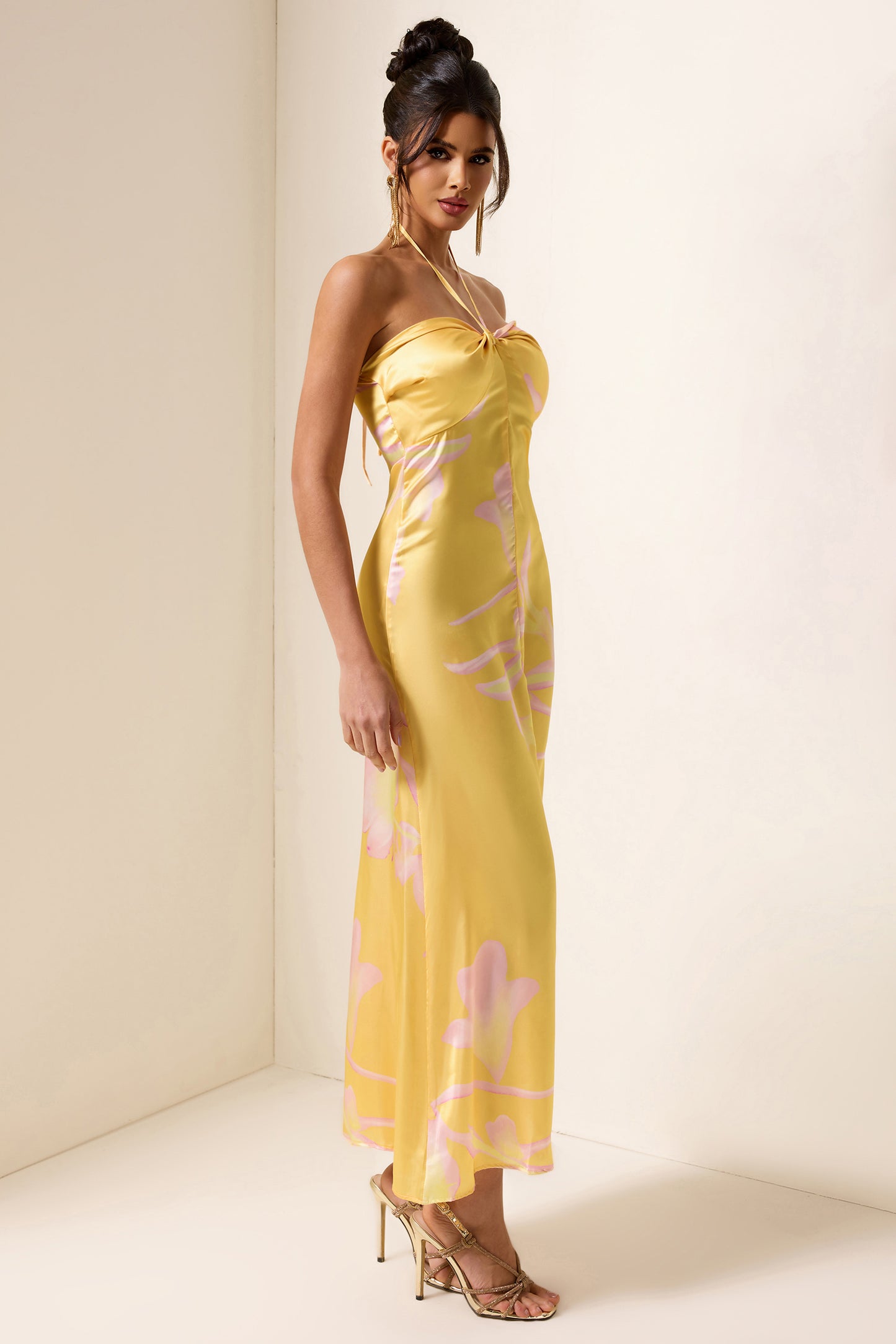 Satin Floral Halter Neck Midi Dress