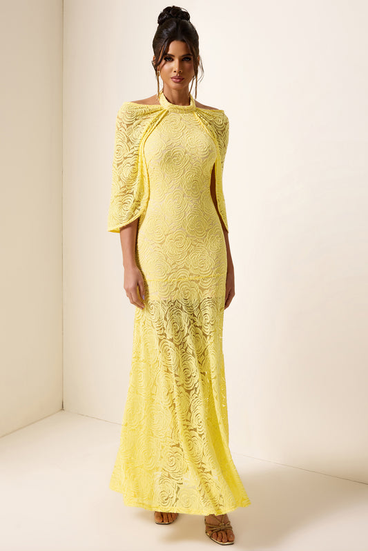Embroidered Cape Halter Neck Maxi Dress