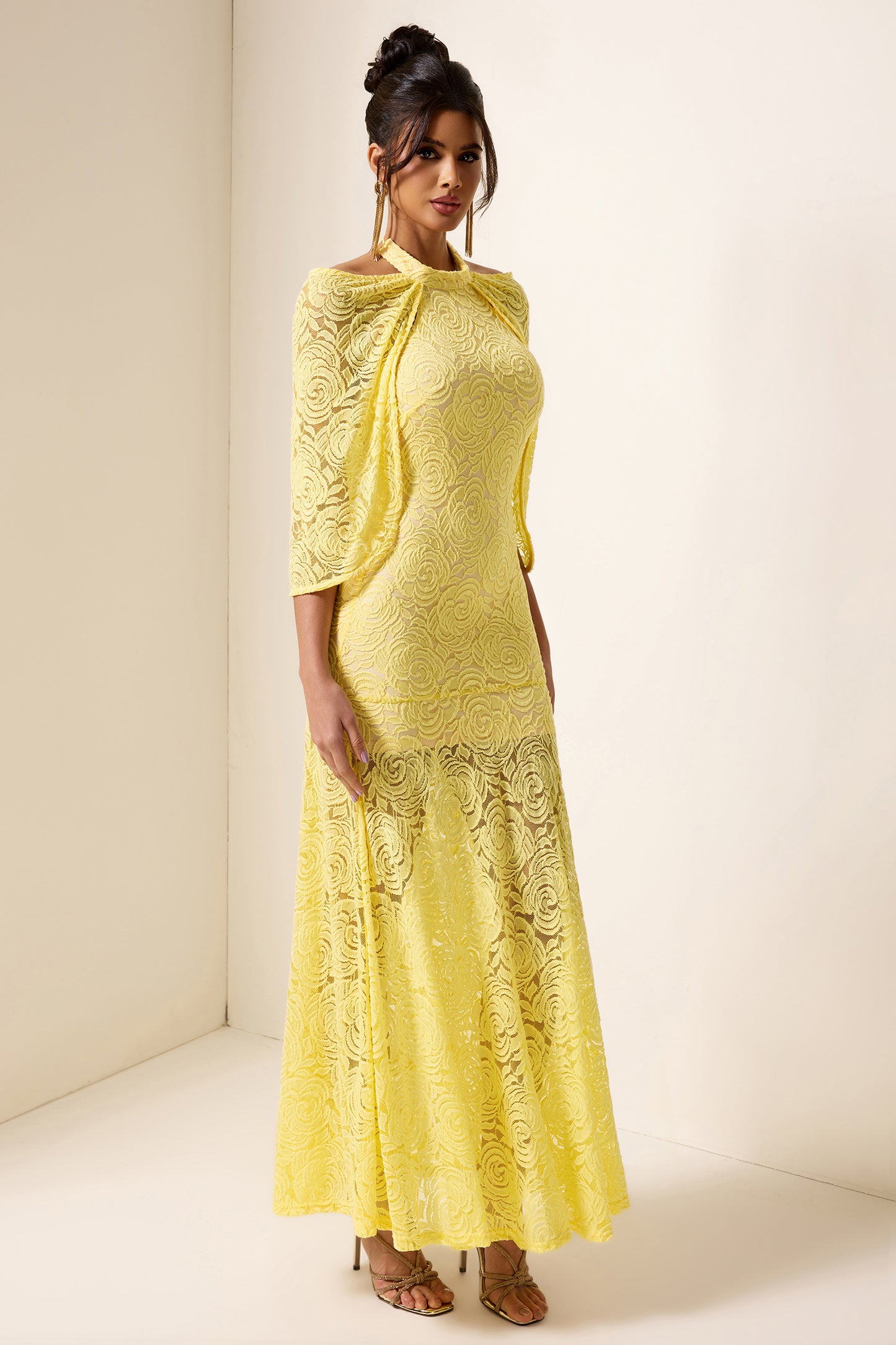 Embroidered Cape Halter Neck Maxi Dress