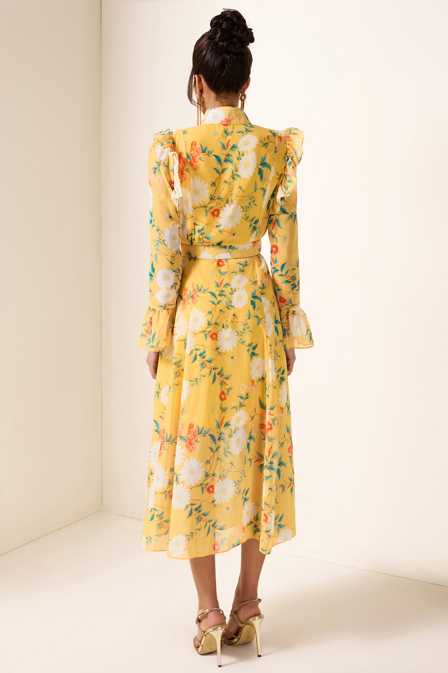 Floral Frill Butterfly Sleeve Midi Dress With Belt