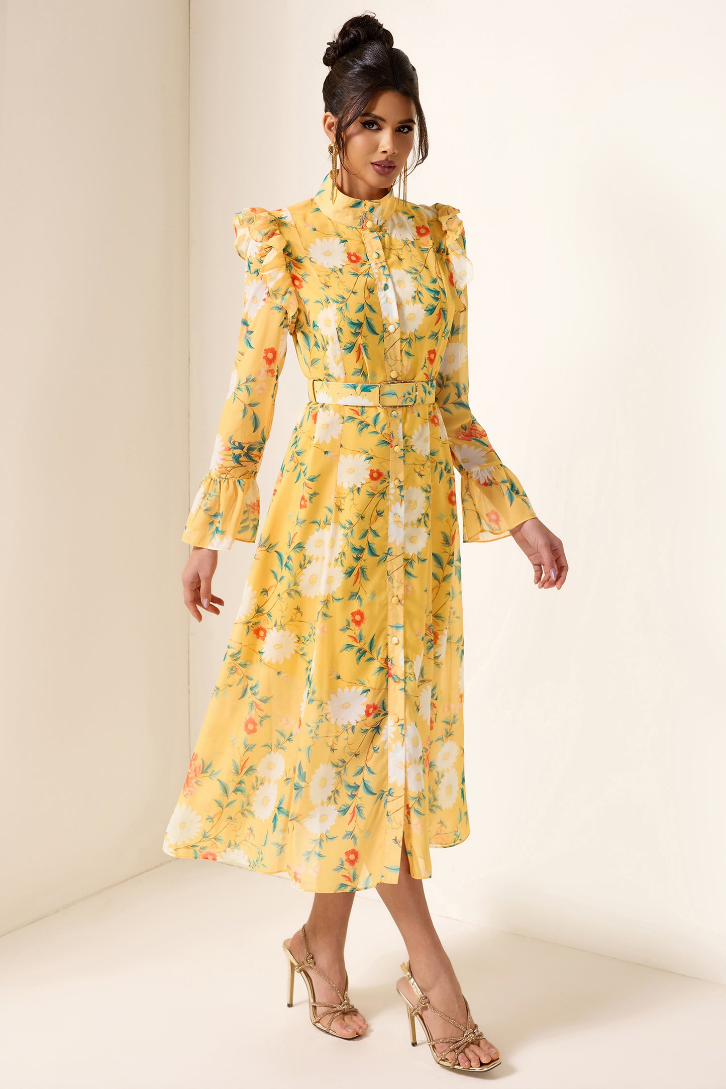 Floral Frill Butterfly Sleeve Midi Dress With Belt