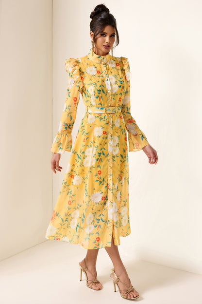 Floral Frill Butterfly Sleeve Midi Dress With Belt