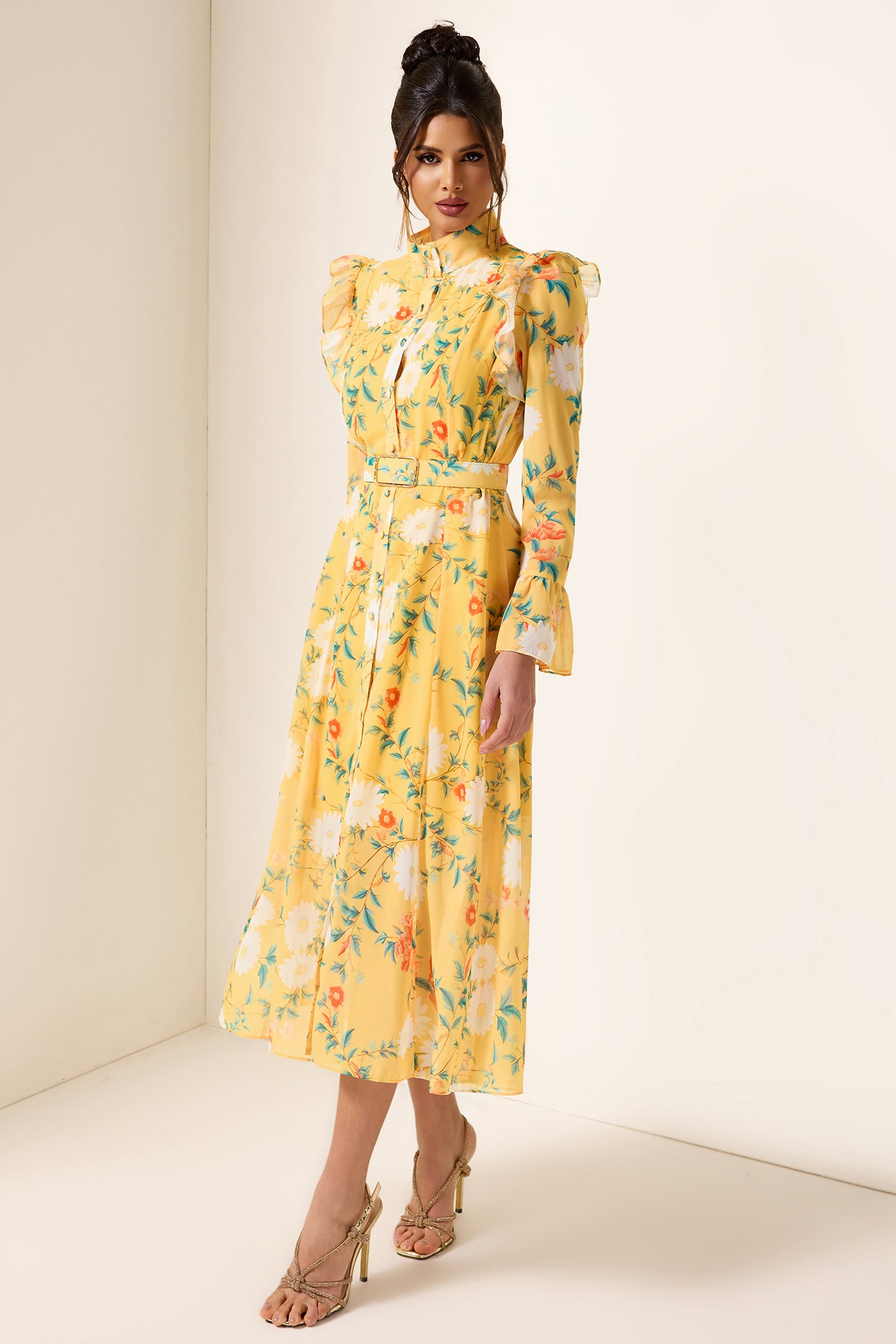 Floral Frill Butterfly Sleeve Midi Dress With Belt