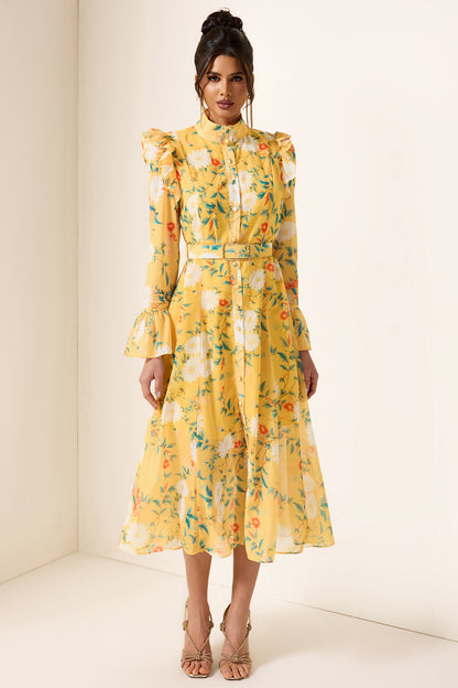 Floral Frill Butterfly Sleeve Midi Dress With Belt