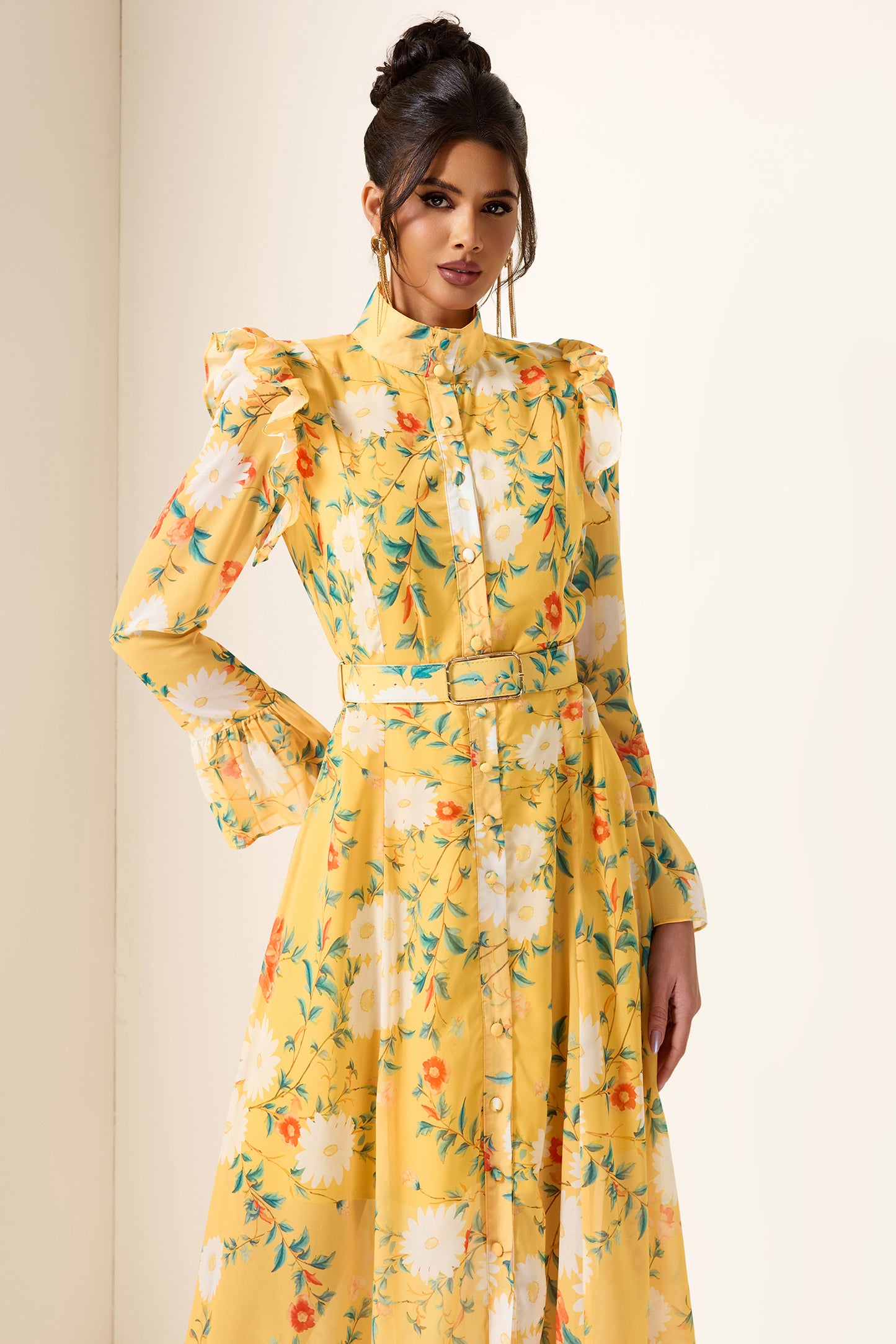 Floral Frill Butterfly Sleeve Midi Dress With Belt