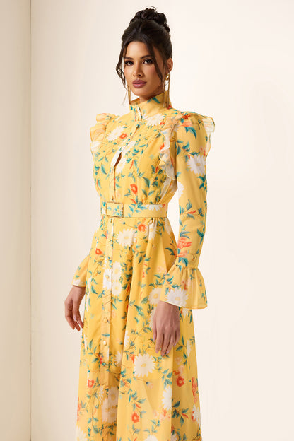 Floral Frill Butterfly Sleeve Midi Dress With Belt