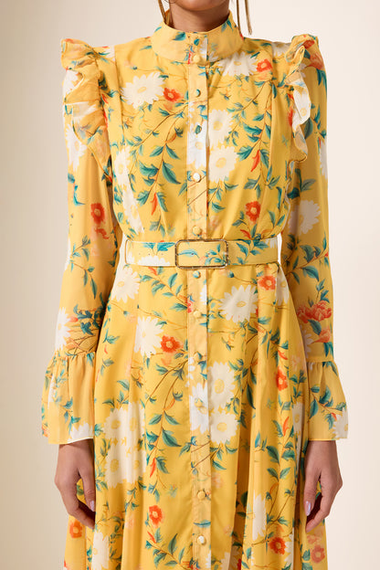 Floral Frill Butterfly Sleeve Midi Dress With Belt