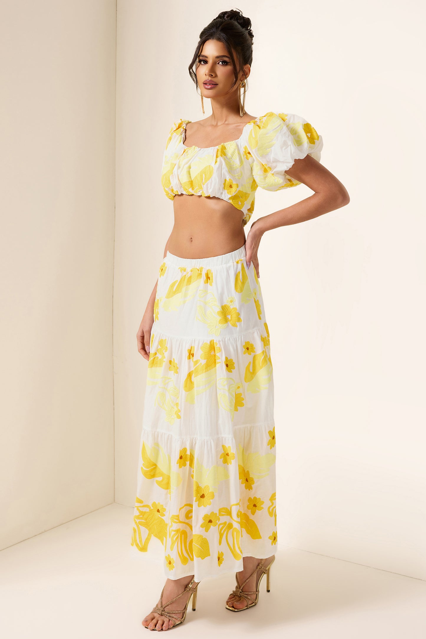 Embroidery Off-Shoulder Top & High Waist Midi Dress Set