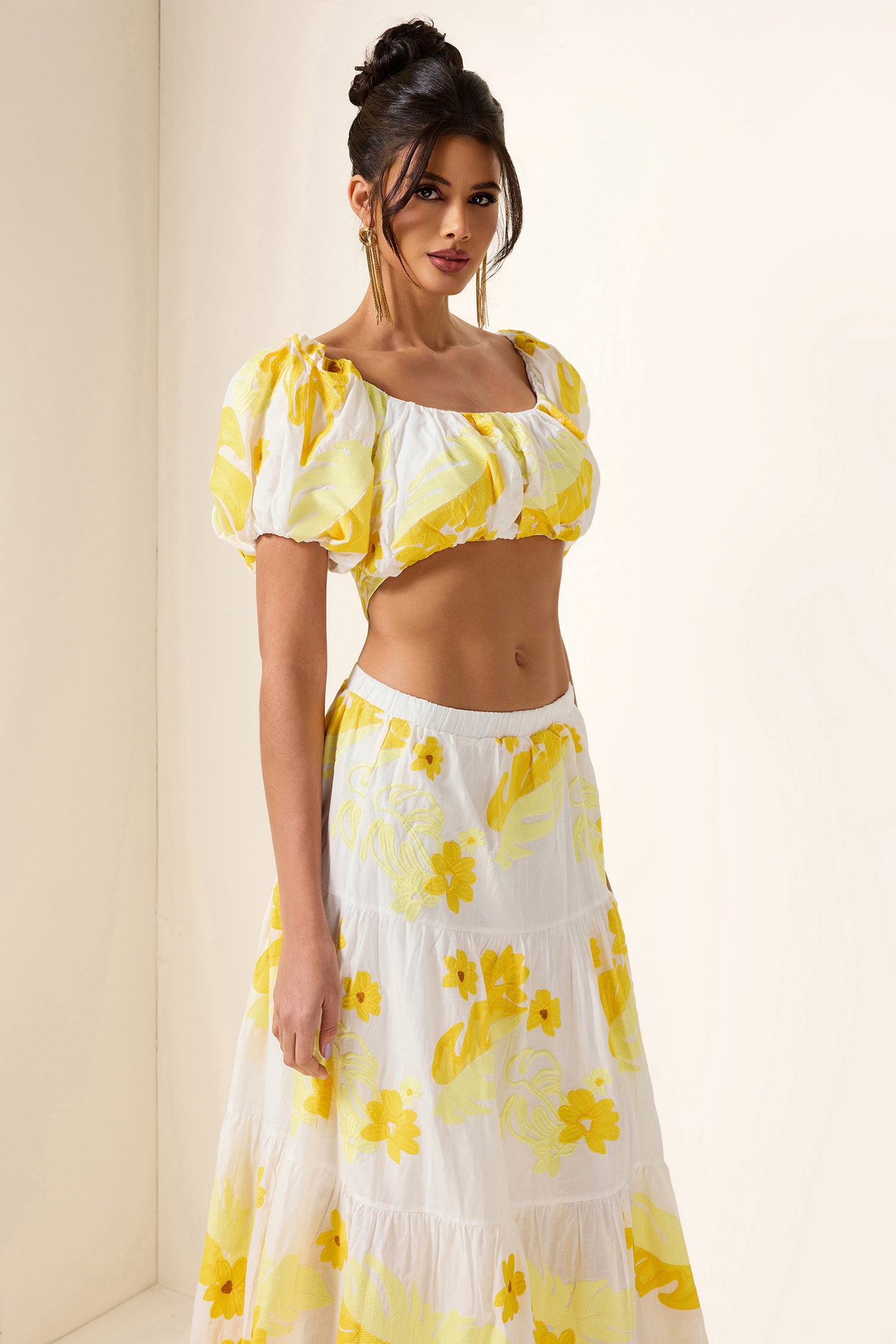 Embroidery Off-Shoulder Top & High Waist Midi Dress Set