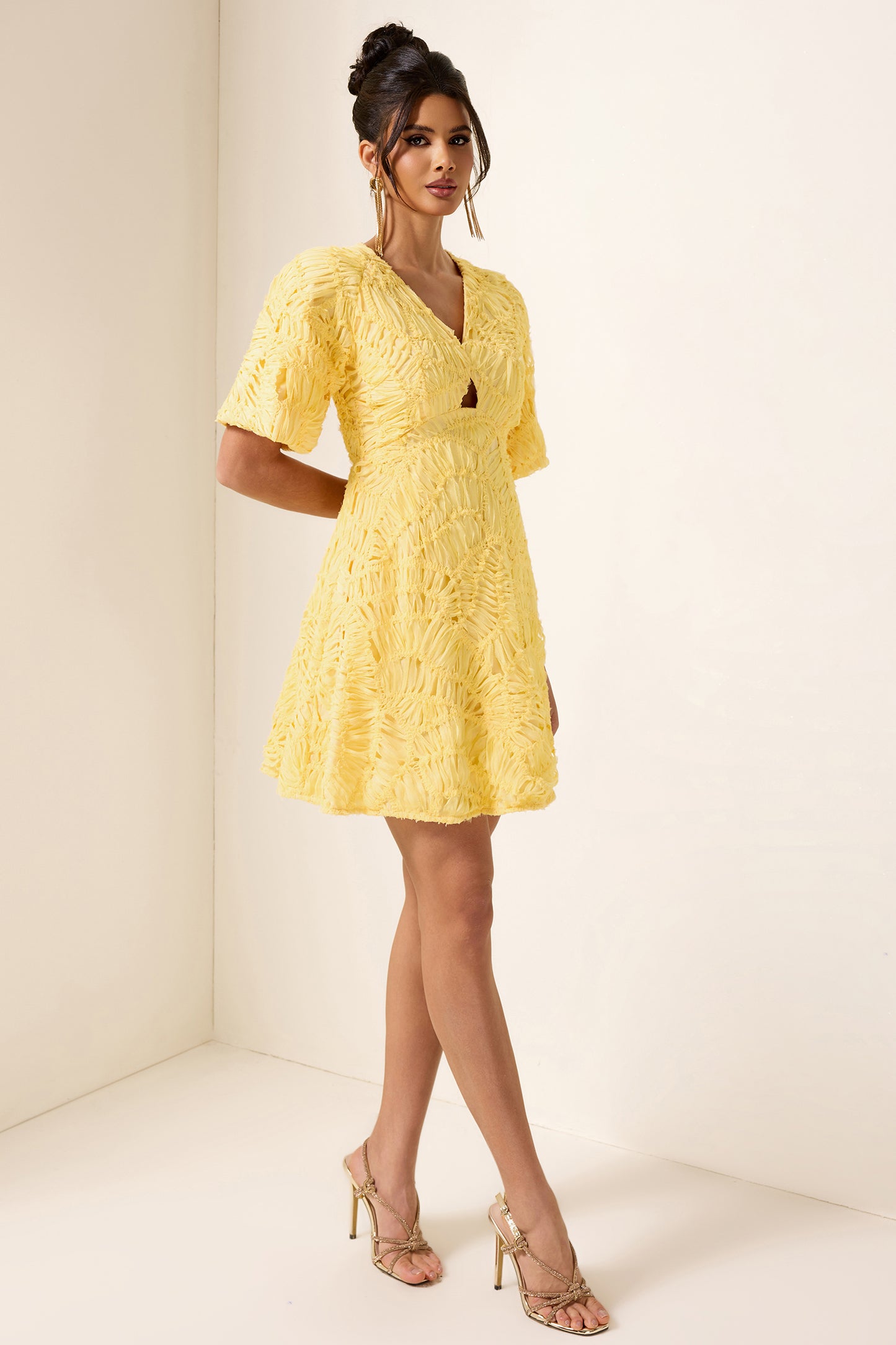 Cut-Out V-Neck Puff Sleeve Mini Dress