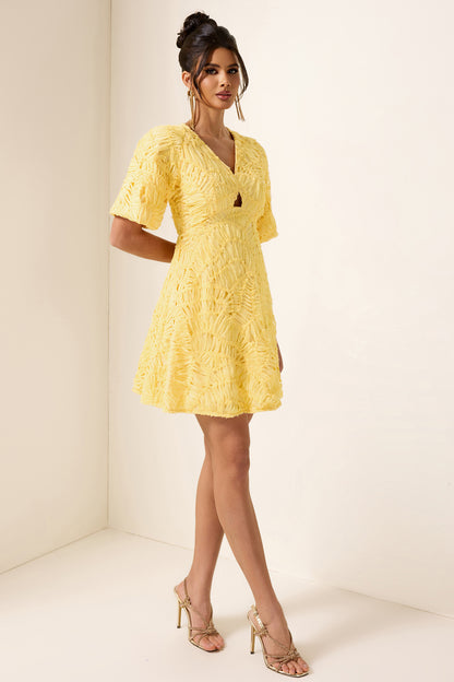 Cut-Out V-Neck Puff Sleeve Mini Dress