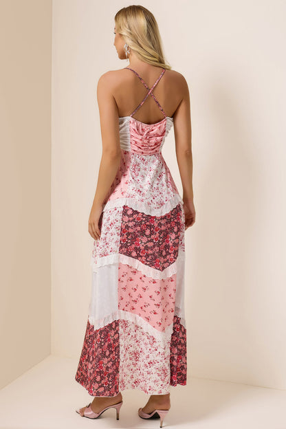 Floral Splicing Frill Midi Dress