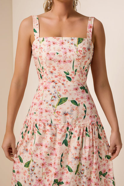 Floral  Square Collar Sleeveless Maxi Dress