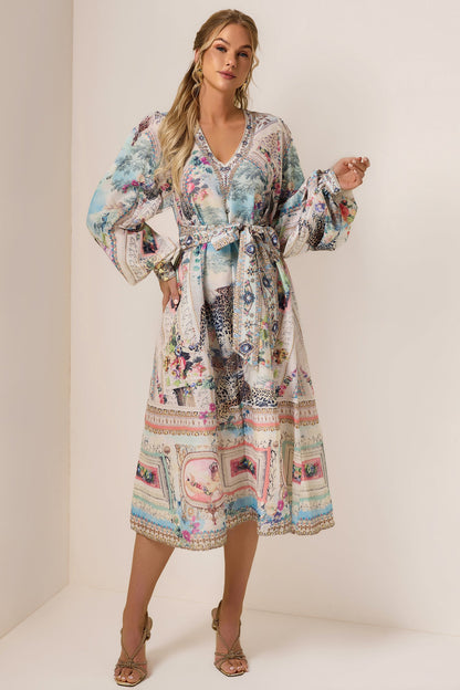 Rhinestone Floral V-Neck Midi Dress