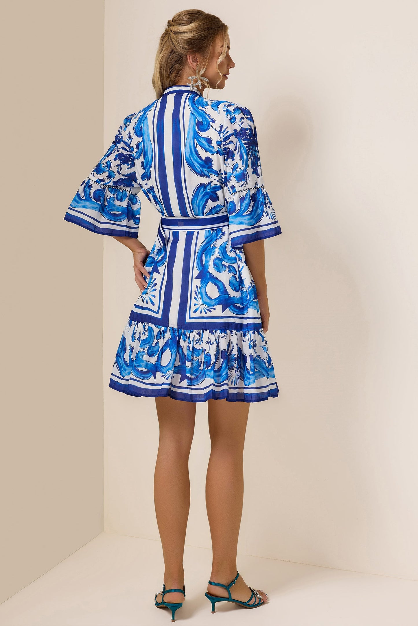 Paisley Print Bell Sleeve Mini Dress With Belt