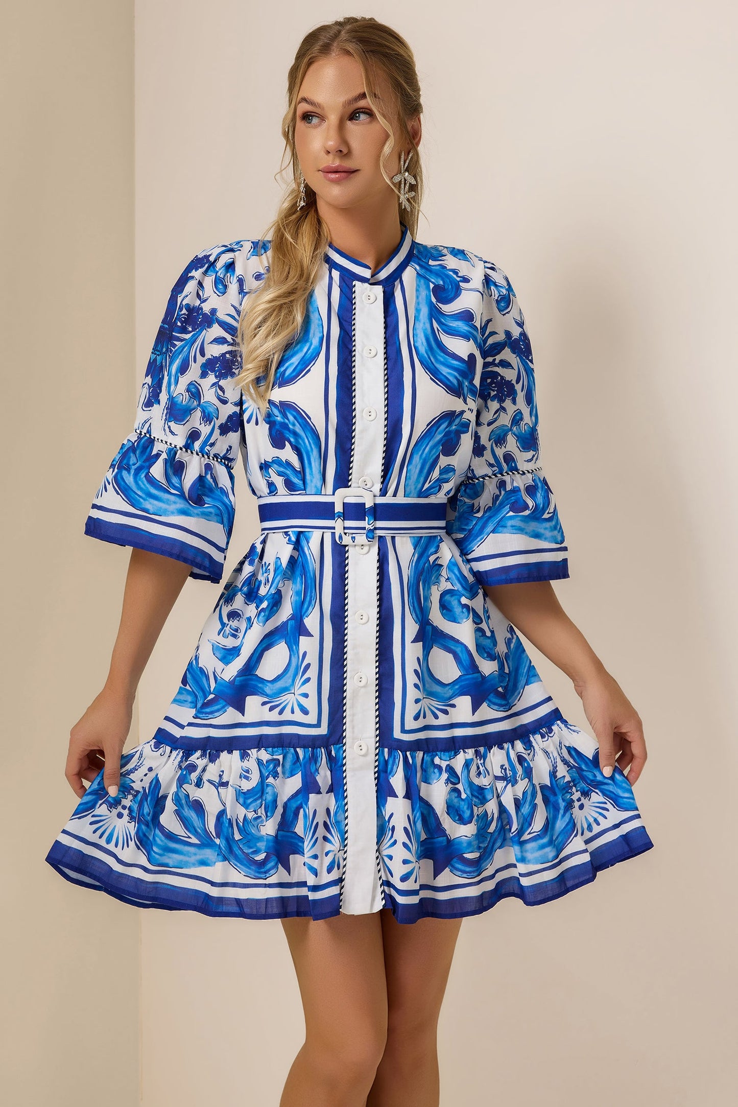 Paisley Print Bell Sleeve Mini Dress With Belt