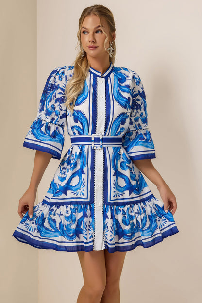 Paisley Print Bell Sleeve Mini Dress With Belt