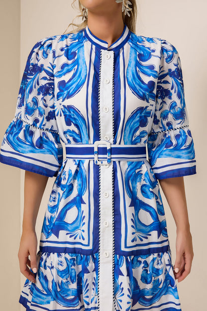 Paisley Print Bell Sleeve Mini Dress With Belt