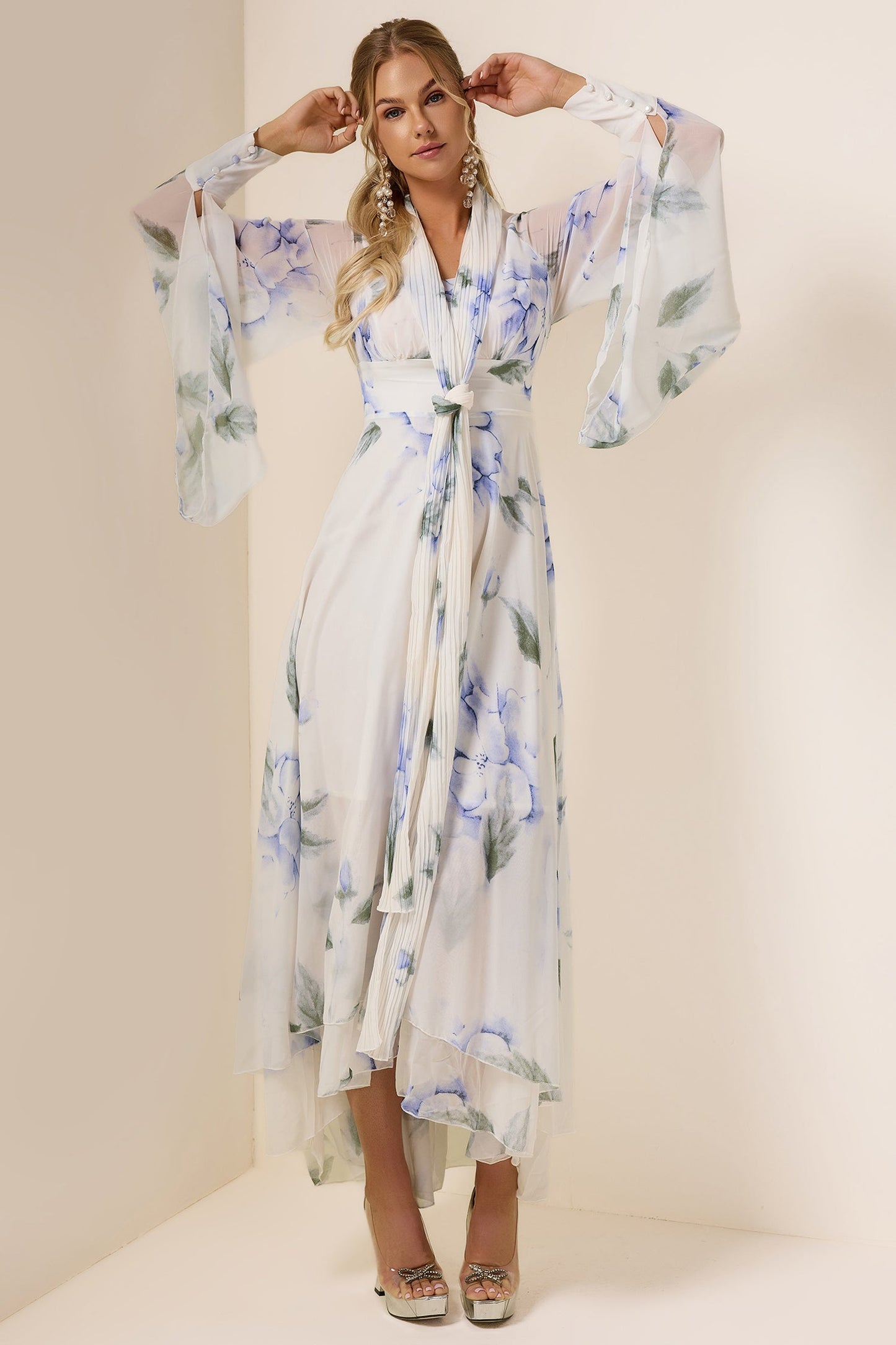 Chiffon Floral Lace Up Maxi Dress