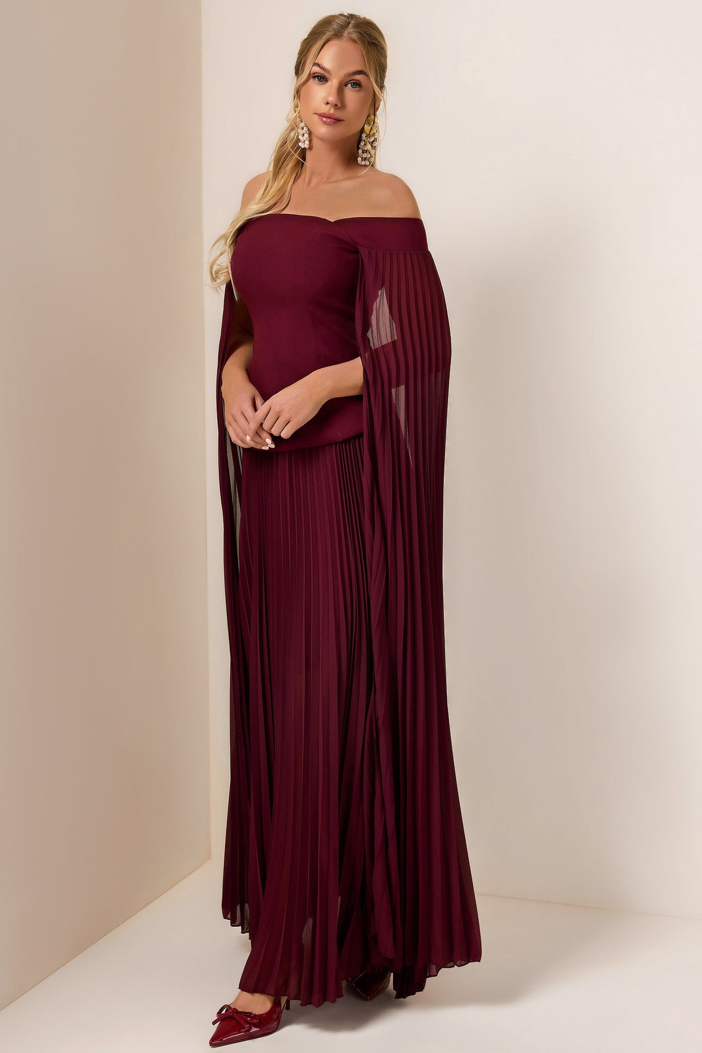 Solid Cape Sleeve Top & Pleat  Maxi Skirt Set