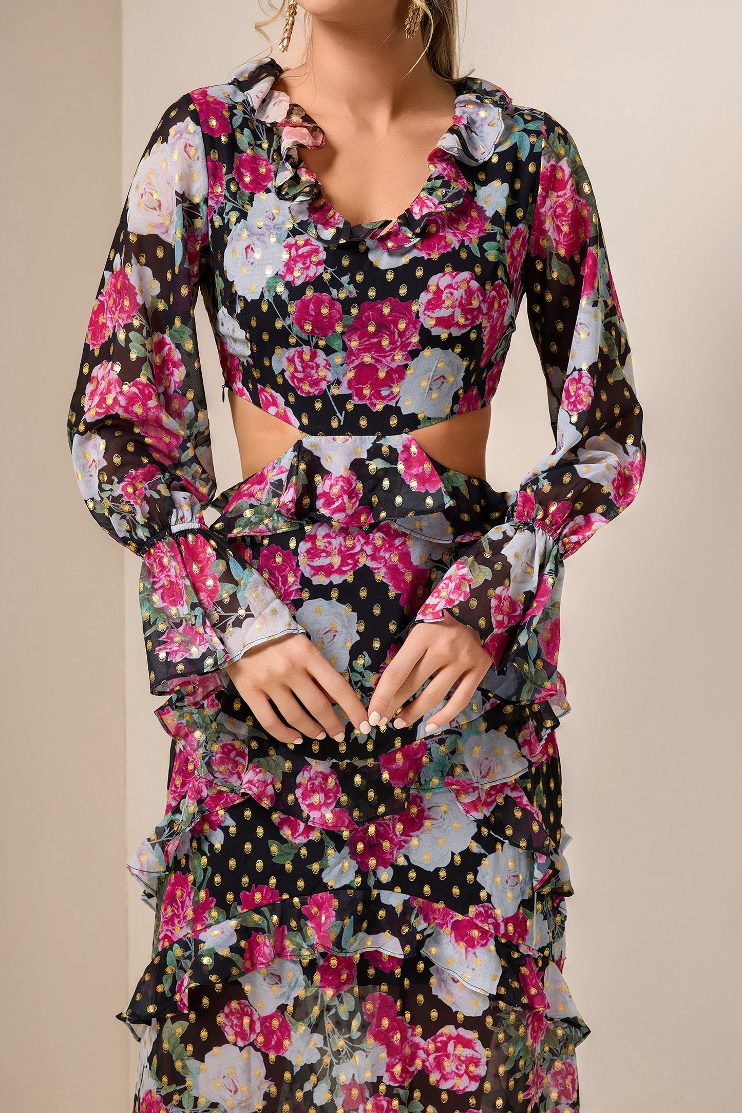 Floral Gold Foil Stamping Frill Midi Dress