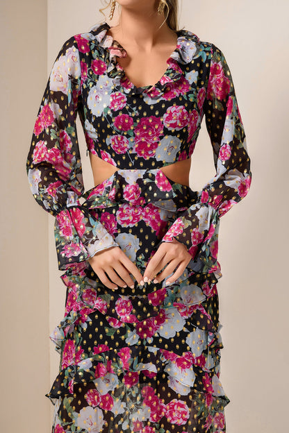 Floral Gold Foil Stamping Frill Midi Dress