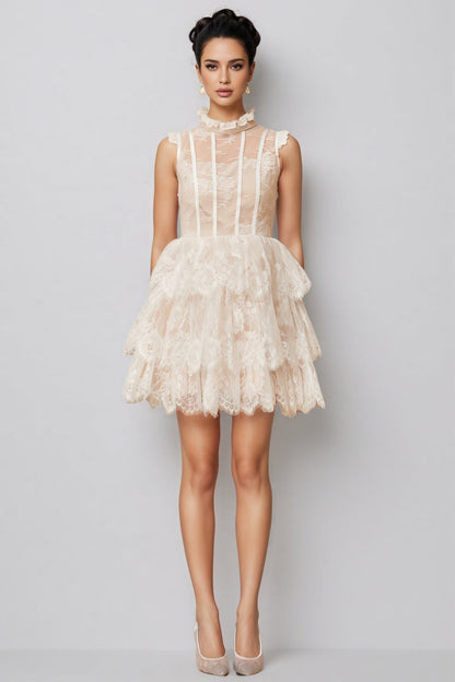 Yamaly White Floral Lace Tiered Mini Dress