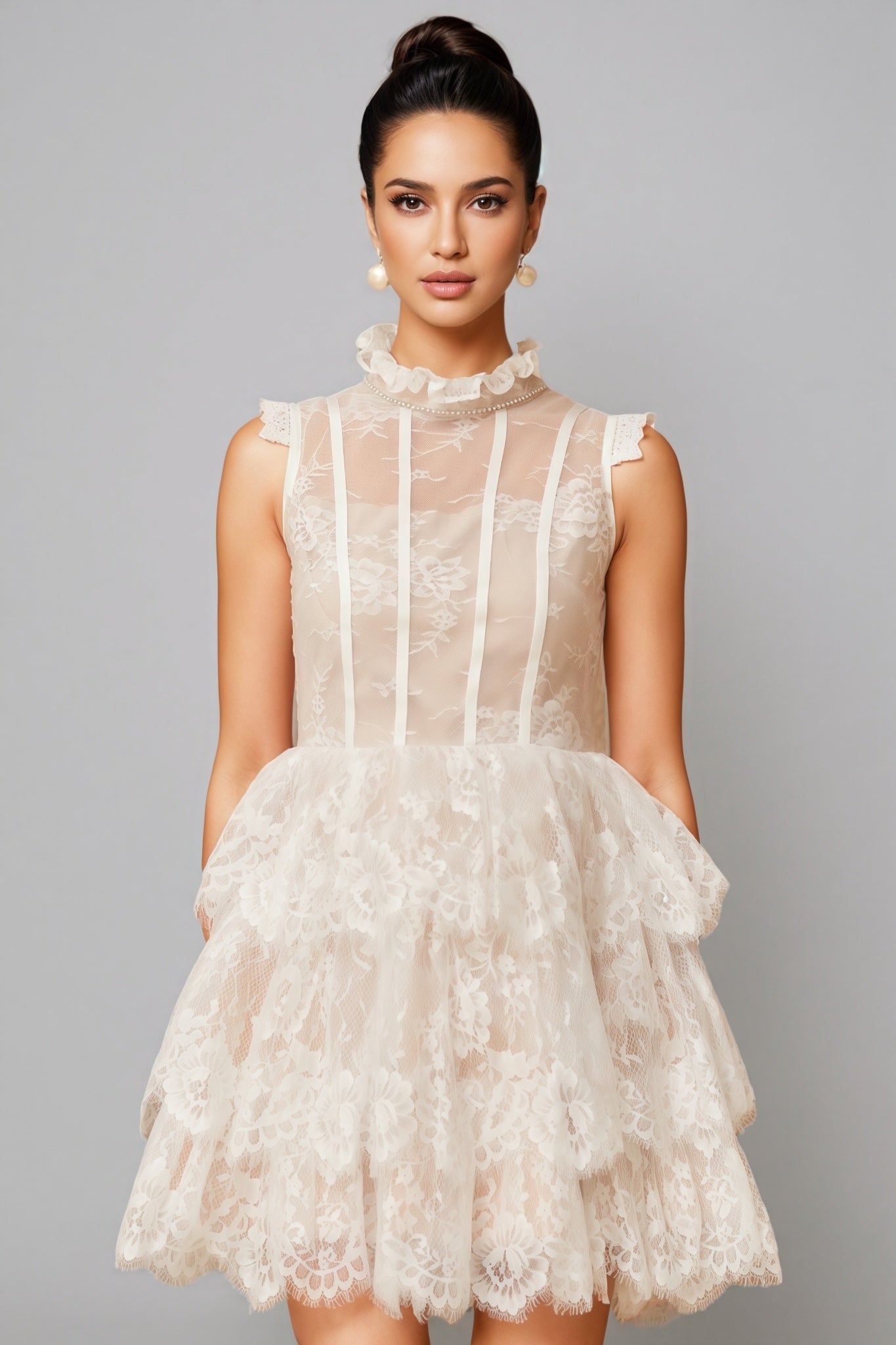 Yamaly White Floral Lace Tiered Mini Dress