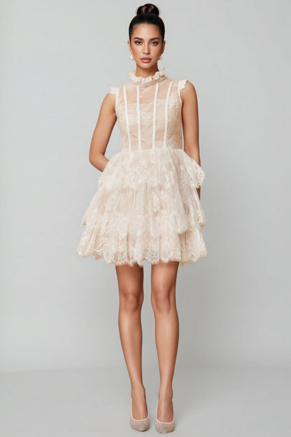 Yamaly White Floral Lace Tiered Mini Dress