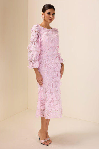 Embroidered Lace Long Sleeve Midi Dress