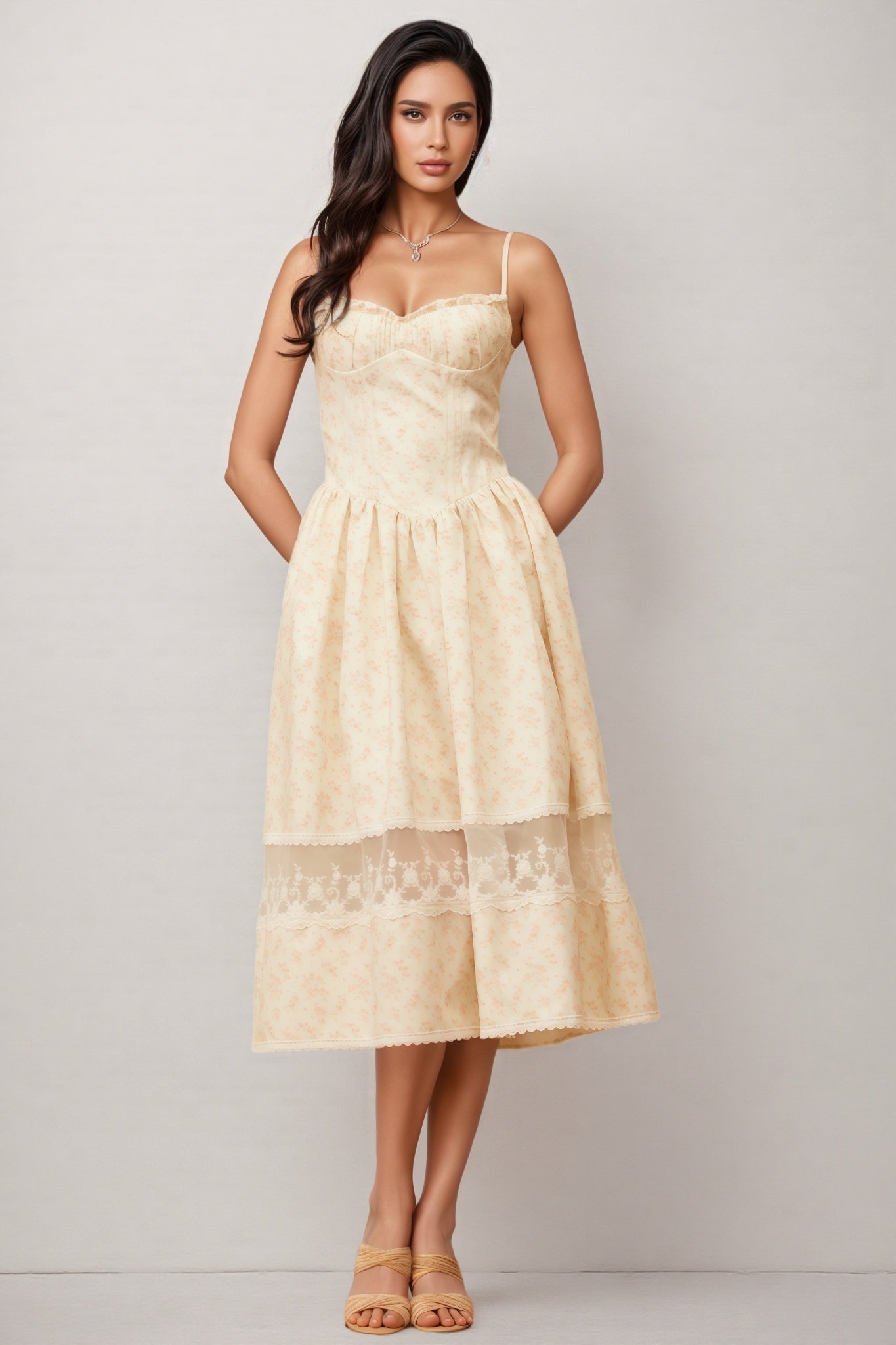 Adrienne Neutral Lace Trim Floral Midi Dress