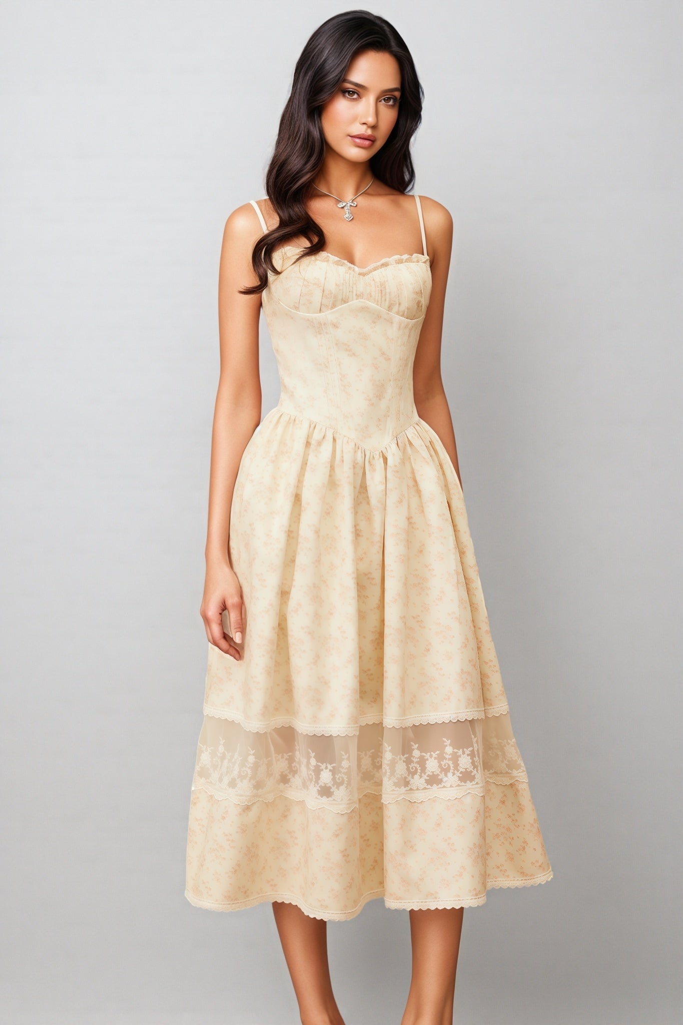 Adrienne Neutral Lace Trim Floral Midi Dress