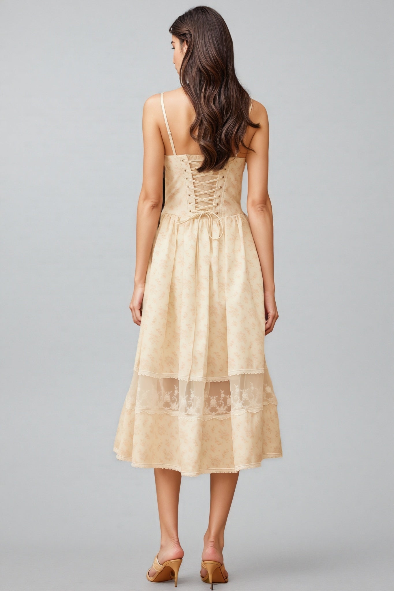 Adrienne Neutral Lace Trim Floral Midi Dress