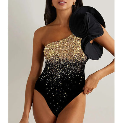 3D Flower Gold One Piece Swimsuit