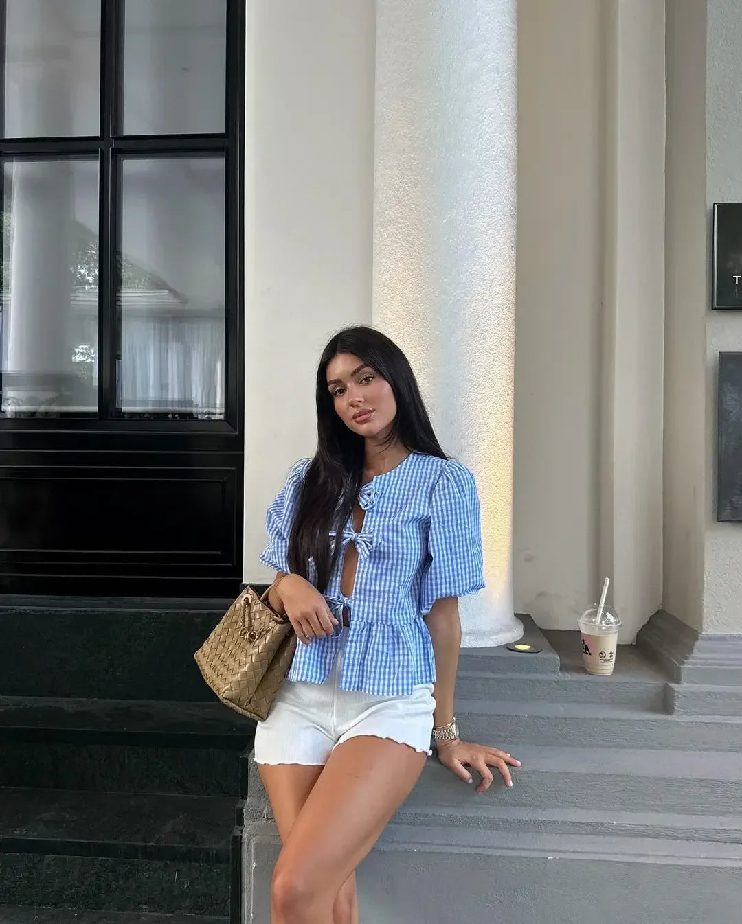 Round Neck Bow Short Sleeve Plaid Blouse