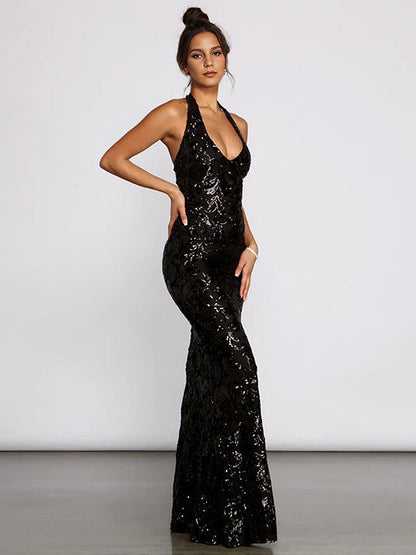 Sequin Scroll Halter Dress In Black Deep V-neck Mermaid Silhouette Formal Party Long Dress For Women 2026