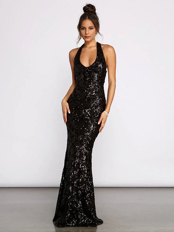 Sequin Scroll Halter Dress In Black Deep V-neck Mermaid Silhouette Formal Party Long Dress For Women 2026