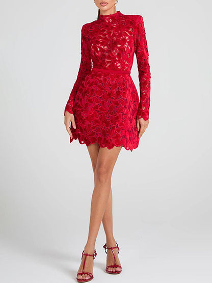 Lace Dress High Neck Long Sleeve Birthday Party Spring Mini Dress For Women 2026