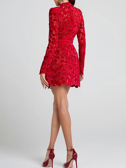 Lace Dress High Neck Long Sleeve Birthday Party Spring Mini Dress For Women 2026