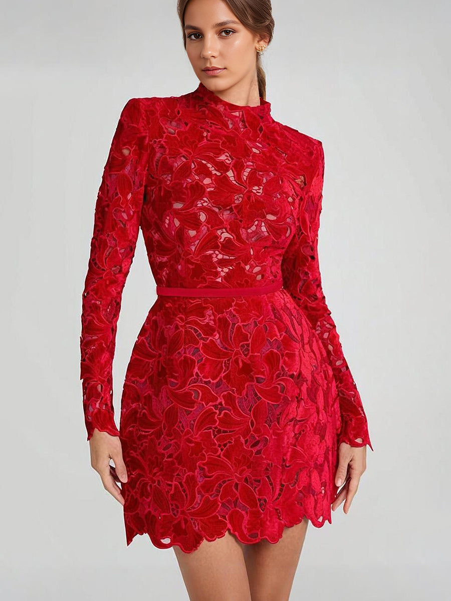 Lace Dress High Neck Long Sleeve Birthday Party Spring Mini Dress For Women 2026