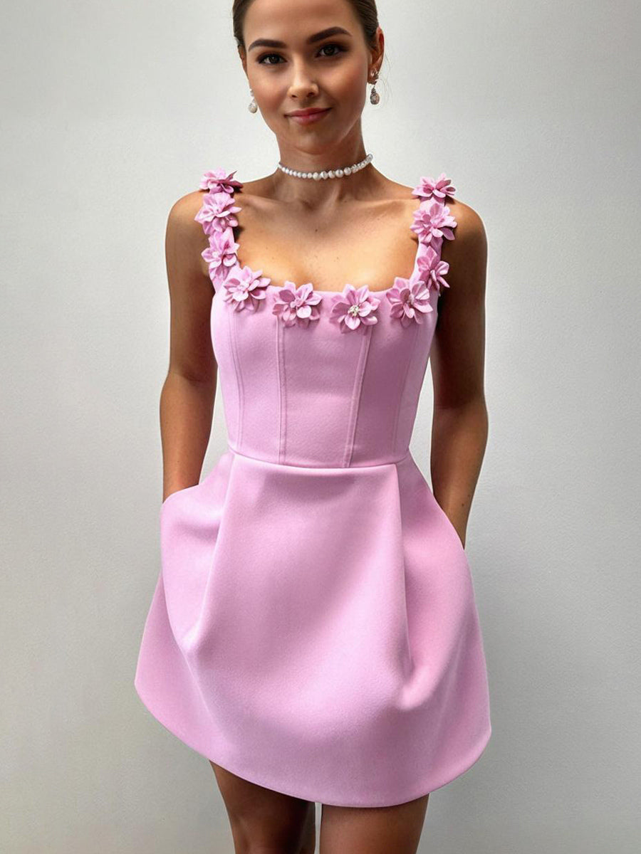 A-line Dress with Floral Embellishments No-sleeve Backless Birthday Party Mini Bud Dress For Women 2026