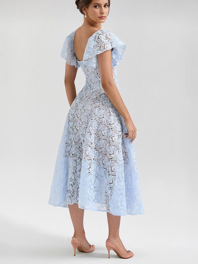 Blue Lace Dress Butterfly Sleeve Sweetheart Neckline Birthday Party A-line Sheer Midi Dress For Women 2026
