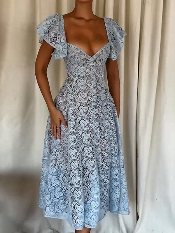 Blue Lace Dress Butterfly Sleeve Sweetheart Neckline Birthday Party A-line Sheer Midi Dress For Women 2026