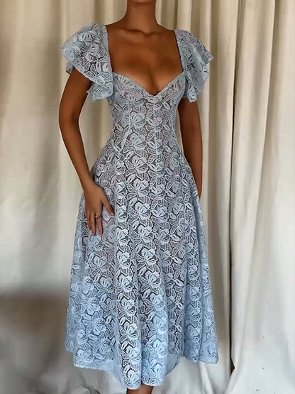 Blue Lace Dress Butterfly Sleeve Sweetheart Neckline Birthday Party A-line Sheer Midi Dress For Women 2026