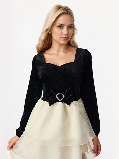 Contrast Mini Dress With Bowknot Long Sleeve Square Collar Layered Birthday Party Dress 2026