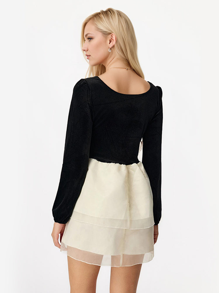 Contrast Mini Dress With Bowknot Long Sleeve Square Collar Layered Birthday Party Dress 2026